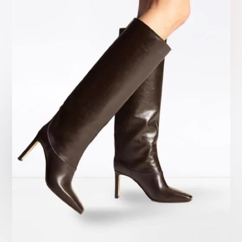 Jimmy Choo Mahesa 85 Knee- High Boots. Black, Size 38. New. 85mm heels. JC logo.